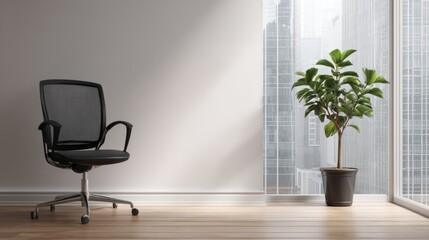 Minimalist office corner with ergonomic chair and plant, conveying modern simplicity and calm productivity.
