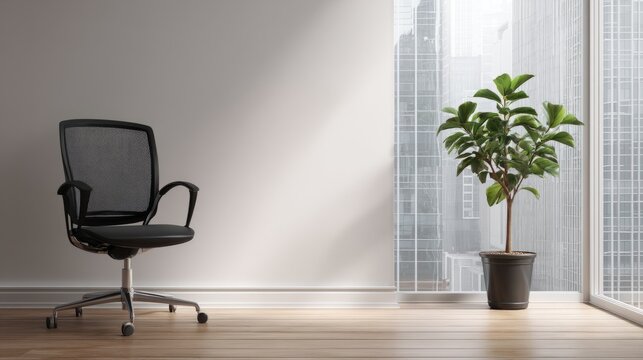 Minimalist office corner with ergonomic chair and plant, conveying modern simplicity and calm productivity.

