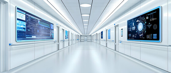Modern Hospital Corridor With Digital Displays