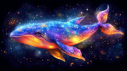 A cosmic whale, vibrant with nebula colors, swims through a star-dusted expanse.  Its body glows with celestial light