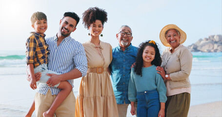 Big family, children and portrait with smile at beach with love, pride and care with bonding on...