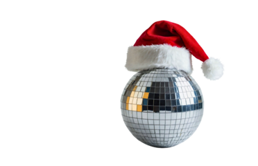 Silver disco ball wearing a santa hat is standing on a white background for a christmas party invitation
