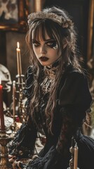 A gothic inspired portrait of a woman in a dark and mysterious setting with candles and a skull.