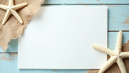 Blue background with starfish and notebook decorations