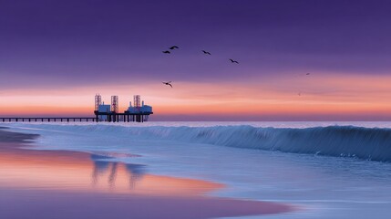 At twilight the horizon glows silhouettes of ocean thermal energy pumps stand against the fading light. Waves softly lap at the platform creating a rhythmic soundscape. Dolphins leap