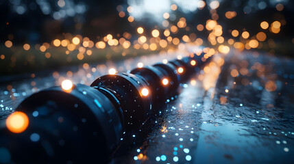 Close-up view of illuminated camera lenses lined up on a wet surface, with sparkling bokeh in the background at dusk