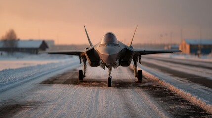 Fototapeta premium A fighter jet stands boldly on a snowy runway during sunset, exuding power and grace.