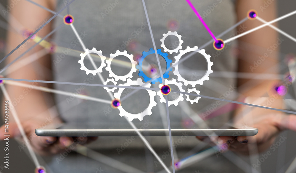 Poster gear system data. Connecting lines and dots.Big data visualization  - 3d