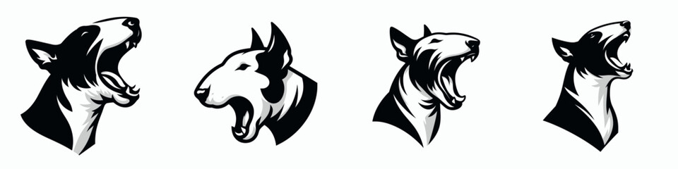 Naklejka premium Bull Terrier Dog. Roar Fierce Aggressive Strong Open Mouth Strength Clipart silhouette Vector Illustration. Stout canine friend short-hair breed loyal companion family pet.