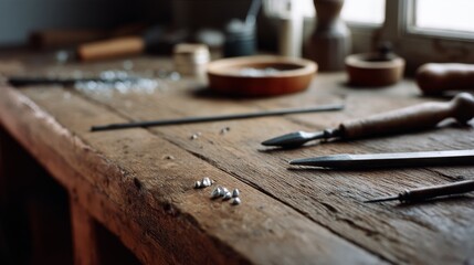 A rustic workbench is scattered with silversmith tools and glittering metal pieces, hinting at intricate craftsmanship.