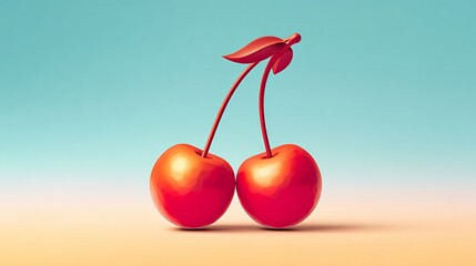 Duo Cherries: Two vibrant, ripe cherries with stems and leaves, elegantly presented against a gradient background of soft blue and peach tones.