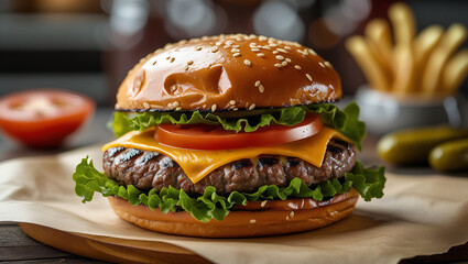 Steak burger shot in shallow focus, highlighting textures and melted cheddar. Great for social ads, fast food photography, or gourmet burger campaigns.