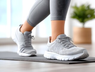 Fitness action walking workout shoes indoor lifestyle high-quality footwear modern environment close-up view health concept