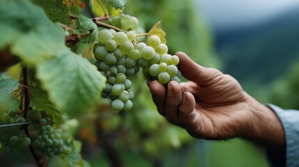 A farmer's hand carefully inspecting a cluster of ripe green grapes in the vineyard, celebrating the bounty of a bountiful harvest.