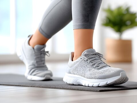 Fitness action walking workout shoes indoor lifestyle high-quality footwear modern environment close-up view health concept