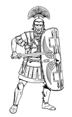 Roman centurion attacking. Historical drawing of a Roman legionnaire.