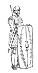 Early Roman legionary before the battle. Historical drawing.