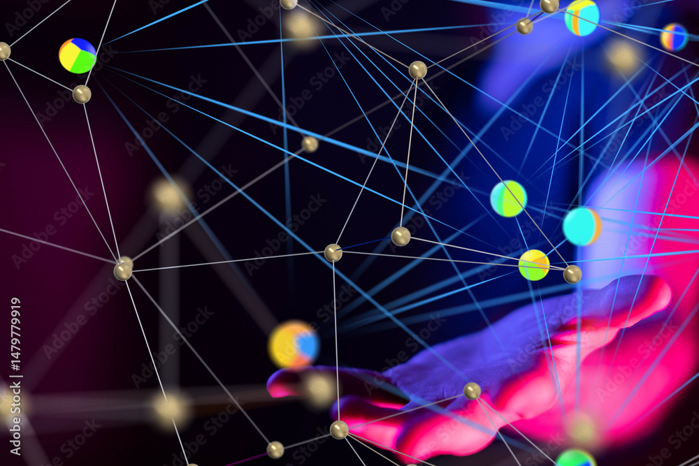 Poster Global network. Blockchain. 3D illustration. Neural networks and artificial intelligence. Abstract