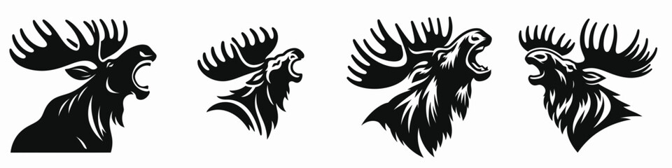 Obraz premium Moose. Roar Fierce Aggressive Strong Open Mouth Strength Clipart silhouette Vector Illustration. Huge elk variation woodland mammal identification wildlife northern forests.