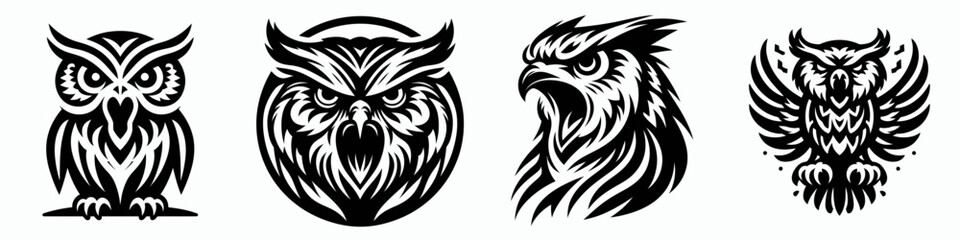 Obraz premium Owl. Roar Fierce Aggressive Strong Open Mouth Strength Clipart silhouette Vector Illustration. Nocturnal raptor feathered avian predator symbol for clever wisdom wildlife concept.