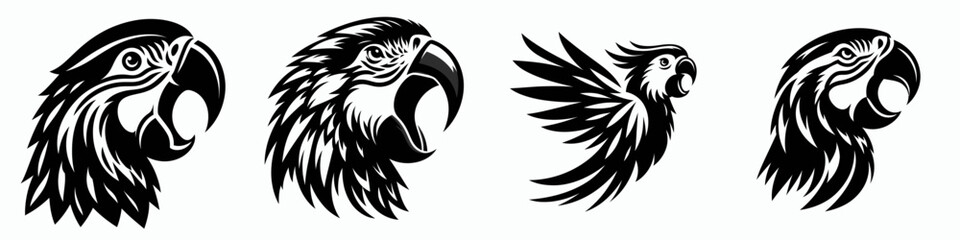 Obraz premium Parrot. Roar Fierce Aggressive Strong Open Mouth Strength Clipart silhouette Vector Illustration. Avian mimic exotic bird tropical pet colorful plumage feathered companion.