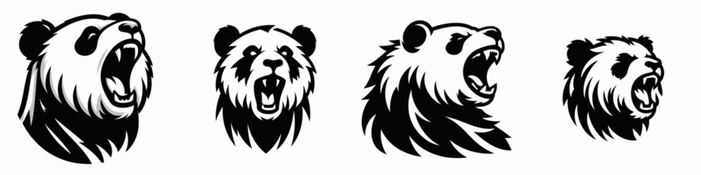 Panda. Roar Fierce Aggressive Strong Open Mouth Strength Clipart silhouette Vector Illustration. Bear bamboo devourer conservation concern threatened fauna wild creature.