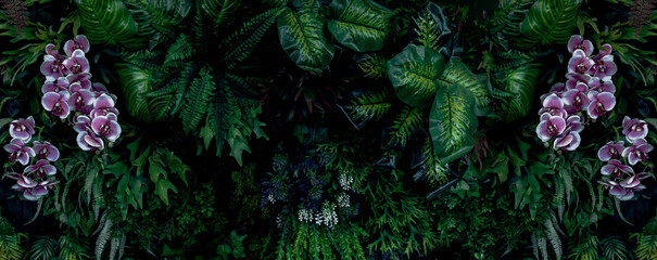 Group background of dark green tropical leaves. Green leaves pattern background. Green leaf texture,