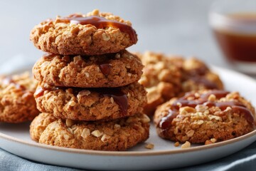 Freshly baked oatmeal caramel cookies on plate with walnuts and honey drizzle.