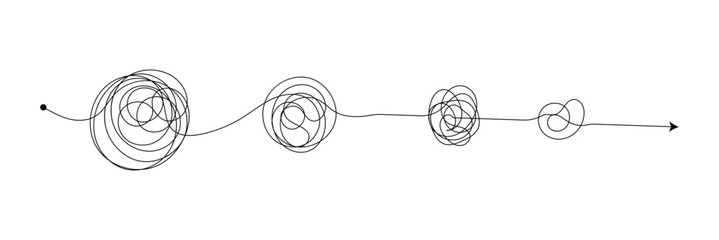 Complex and easy simple way from start to end vector illustration set. Chaos simplifying, problem solving and business solution searching challenge concept. Hand drawn doodle scribble chaos path lines