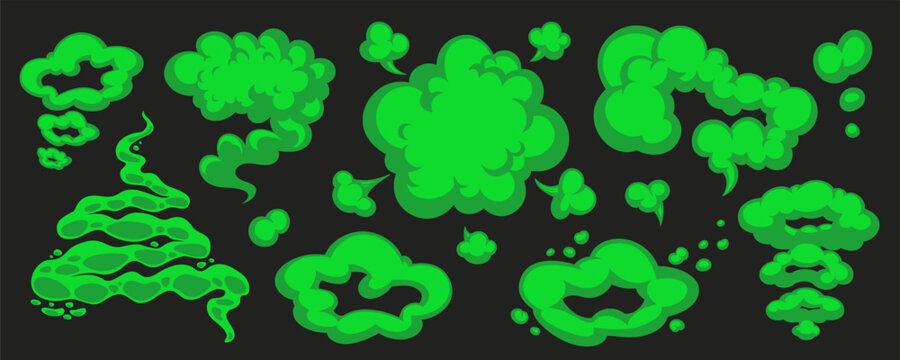 Cartoon green gas cloud and stink smoke vector in various puffy, smelly shapes on dark background. Stink cloud and gas smoke cartoon style. Perfect for comics, stickers, kids books