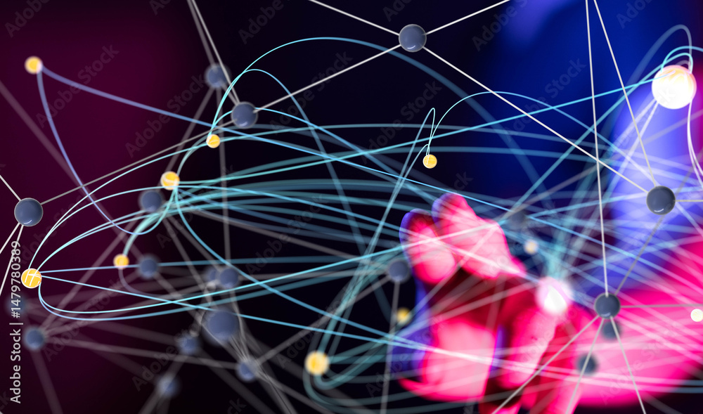 Poster Global network. Blockchain. 3D illustration. Neural networks and artificial intelligence. Abstract