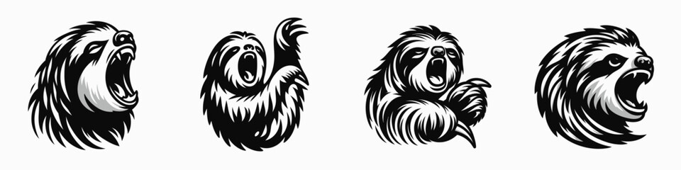 Fototapeta premium Sloth. Roar Fierce Aggressive Strong Open Mouth Strength Clipart silhouette Vector Illustration. Slow arboreal mammal a study of sluggishness torpor and gentle nature.