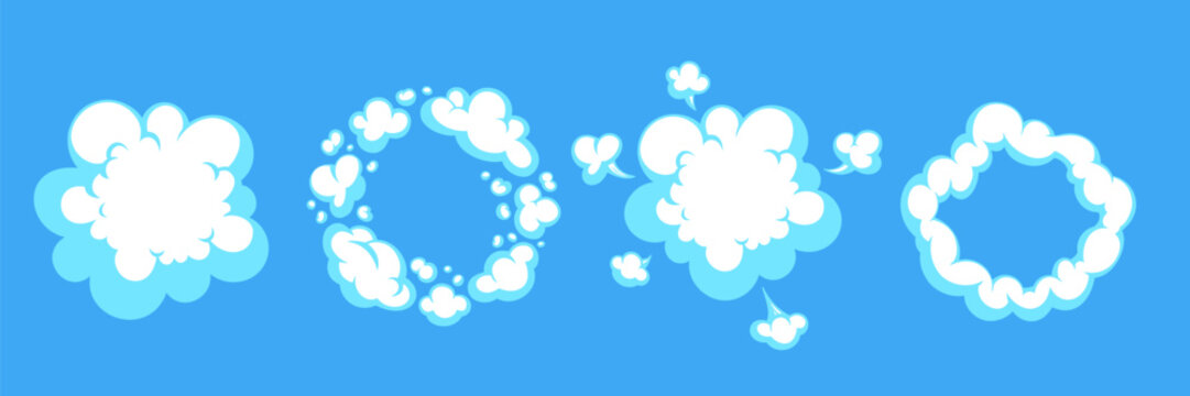 Cartoon smoke puff and comic boom cloud elements on bright blue background. Puff and cloud shapes, comic style explosion. Great for game effects, kids media, comics, posters.