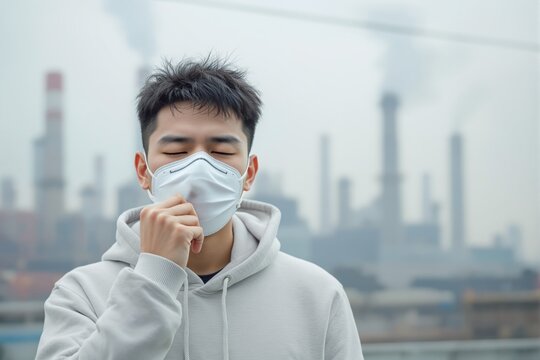 Asian man in hoodie and mask coughing with industrial chimneys and smoke in background, depicting air pollution effects on health. Ai generative