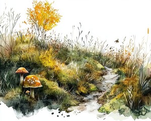 Moss Illustration. Watercolor botanical illustration of forest mushrooms and grasses