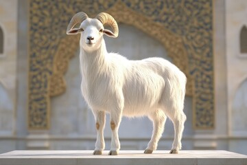 White ram standing proudly on a platform.