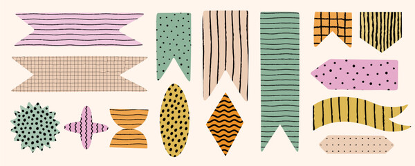 Pastel abstract shape, sticker, and banner set with hand drawn retro pattern. Perfect for paper notes, memo design, bookmark decoration, scrapbooking, and creative graphic projects