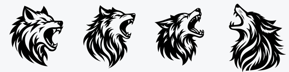 Obraz premium Wolf. Roar Fierce Aggressive Strong Open Mouth Strength Clipart silhouette Vector Illustration. Canine predator explore untamed nature lupine behavior and fauna preservation.