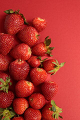 A lot of ripe tasty sweet strawberries lie on a red background. Bright summer background. Copyspace...