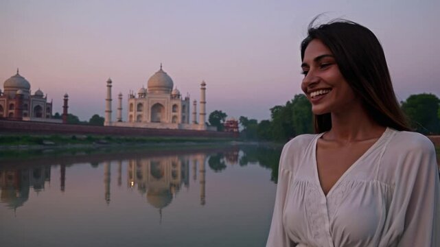 Young woman admiring taj mahal beauty during sunrise time on a cloudy day, agra, india