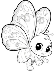 Obraz premium Cute, cartoon butterfly, outlined in grayscale.