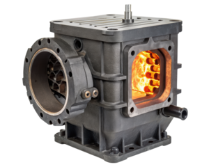 Industrial metal furnace with glowing fire inside on a transparent background