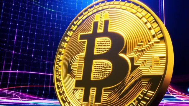 Virtuelle Welt mit schwebender Bitcoin-M&uuml;nze