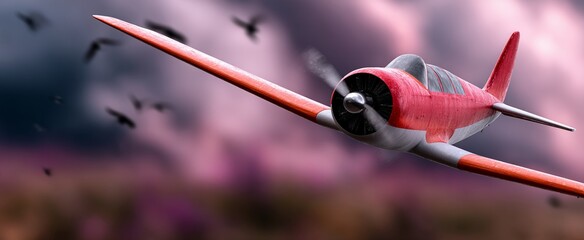 Fototapeta premium Vintage Red Airplane Soaring Through Dramatic Skies