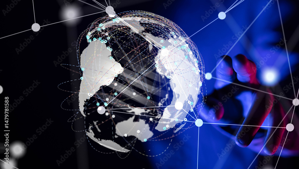 Aufkleber world Global network. Blockchain. 3D illustration. Neural networks and artificial intelligence. Abstract