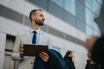 A confident professional interacting outside in a contemporary business environment