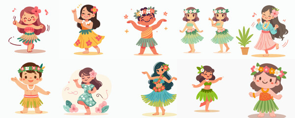 cartoon illustration of people dancing Hawaiian