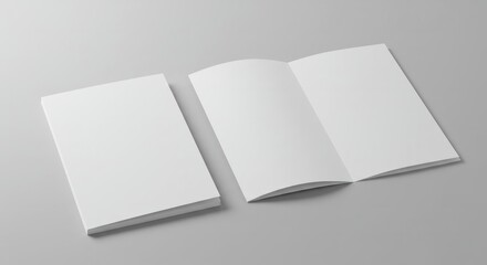 Minimalist presentation of blank brochures against a serene grey backdrop