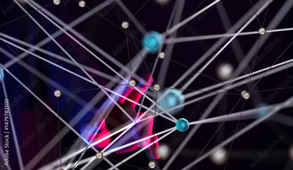 Poster Global network. Blockchain. 3D illustration. Neural networks and artificial intelligence. Abstract