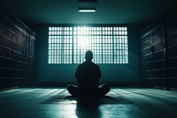 Man meditates in lotus pose in jail cell, sun light shining. Use for freedom, justice, prison, depression, and contemplation.